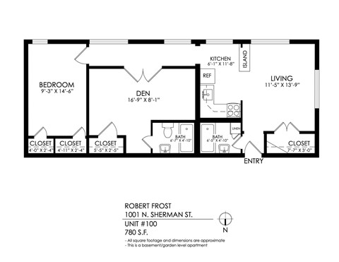 Floor plan for 2 beds, 2 baths, 780 sqft